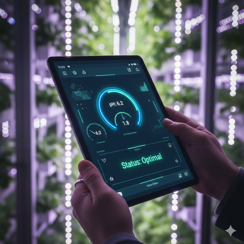 Dashboard HydroGrow sur tablette devant une serre